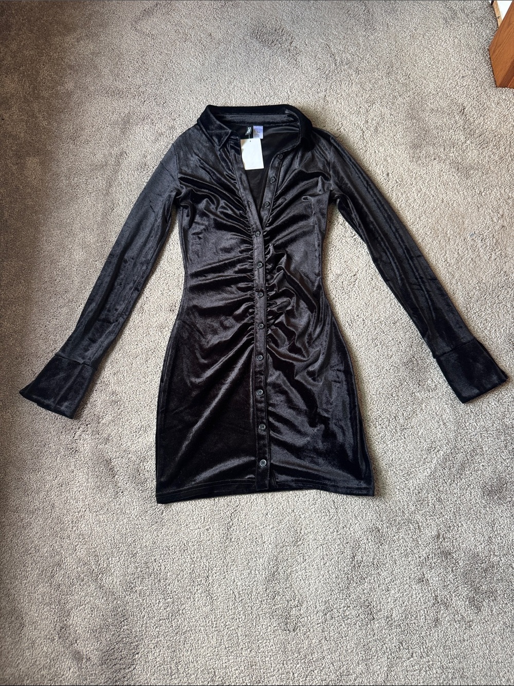 H&M Divided Black Velvet Ruched Button Front Mini Dress Long Sleeve SIZE S